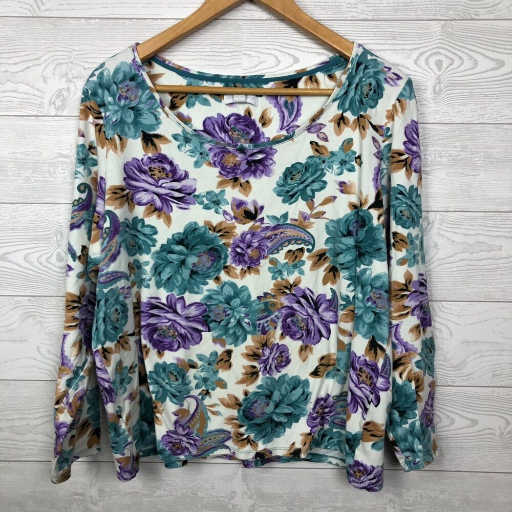 Charter Club Women's 1X Floral Print Long Sleeve Shirt Scoop Neck 100% Cotton